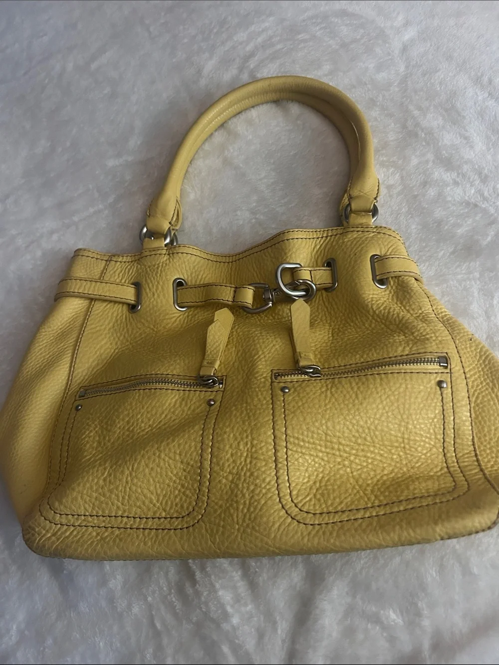 Cole Haan Yellow Pebbled Leather Shoulder Tote with Front Zip Pockets